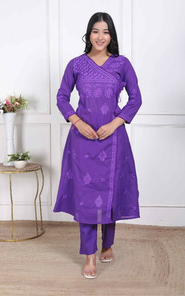 Miravan Womens Purple Floral Printed Angrakha Style Kurta With Palazzo - Distacart