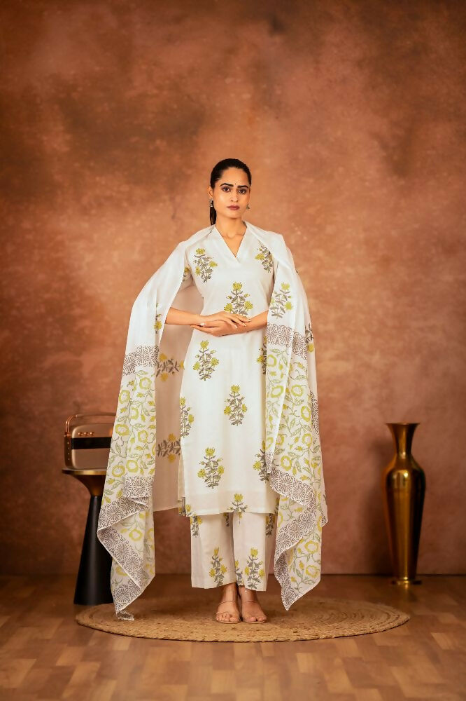 Joban Fashion Off White Yellow Hand Block Printed Cotton Suit Set - Distacart
