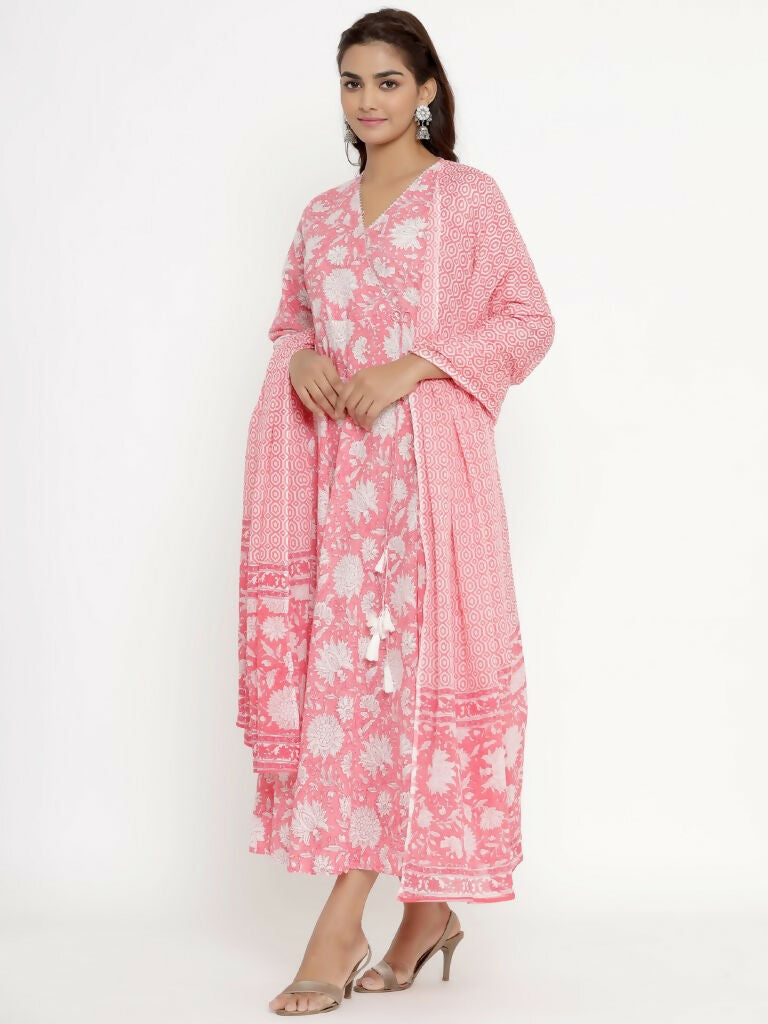 Miravan Women's Cotton Floral Print Anarkali Kurta With Dupatta