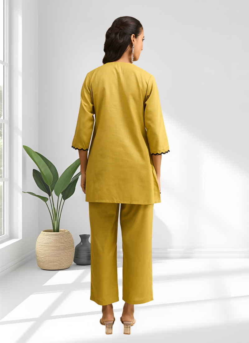 Joban Fashion Yellow Cotton, Linen Embroidered Readymade Cord Set - Distacart