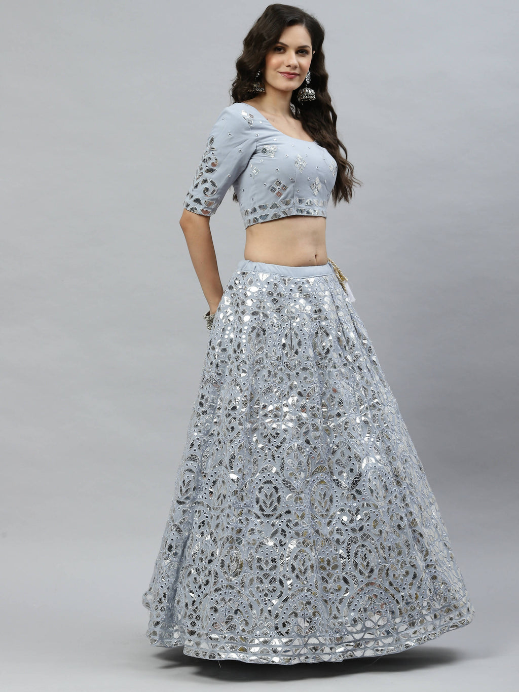 Sky Blue Georgette Paper Mirror Embroidery Work Lehenga Choli with Dupatta - Jivika