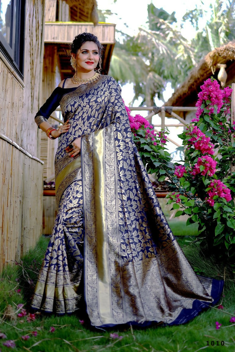 Partywear Designer Blue Banarasi Silk Fancy Saree - Starwalk