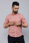 Miravan Men's Peach Spread Collar Floral Print Casual Shirt