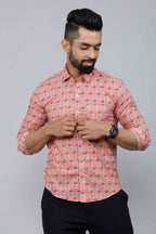 Miravan Men's Peach Spread Collar Floral Print Casual Shirt