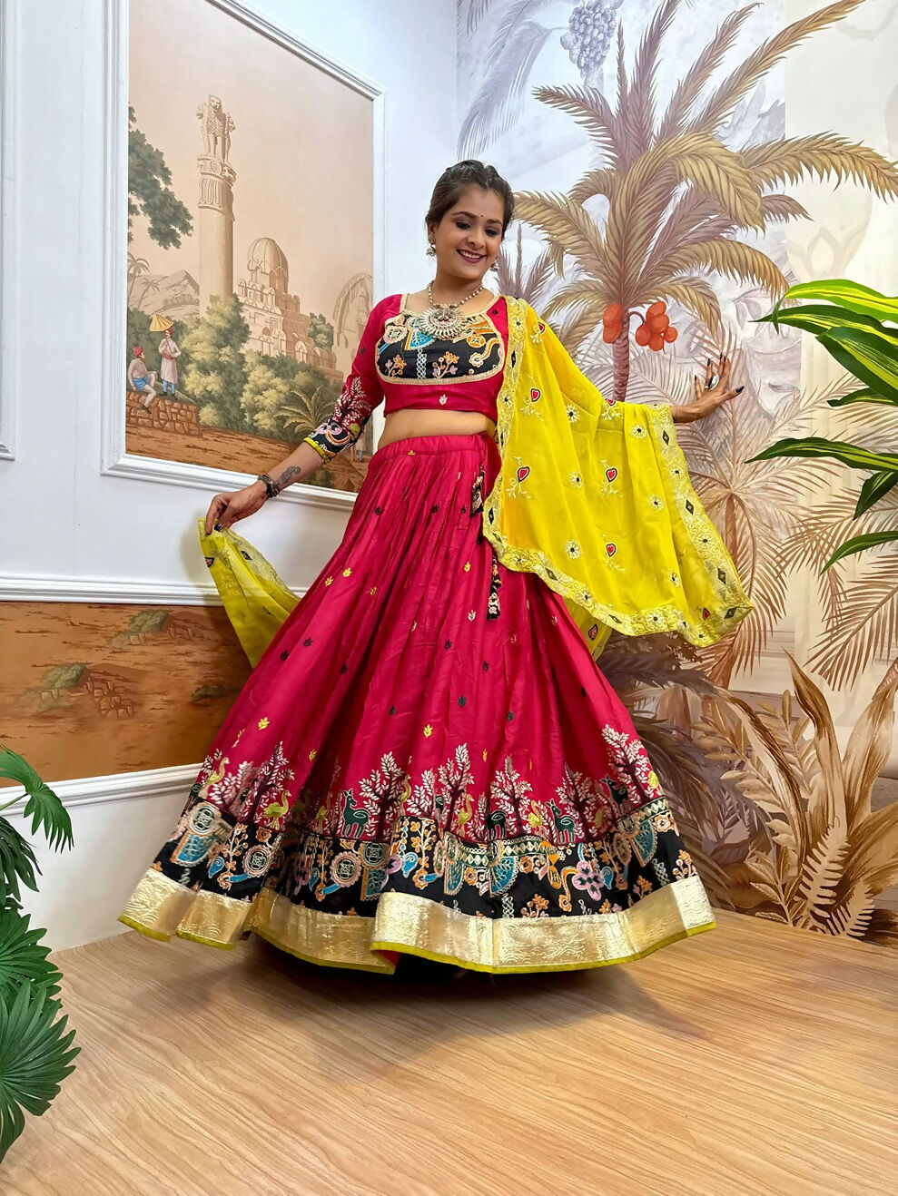 Teeya Creation Rani Colour Rayon Silk Embroidery Work Fully Stitched Navratri Lehenga