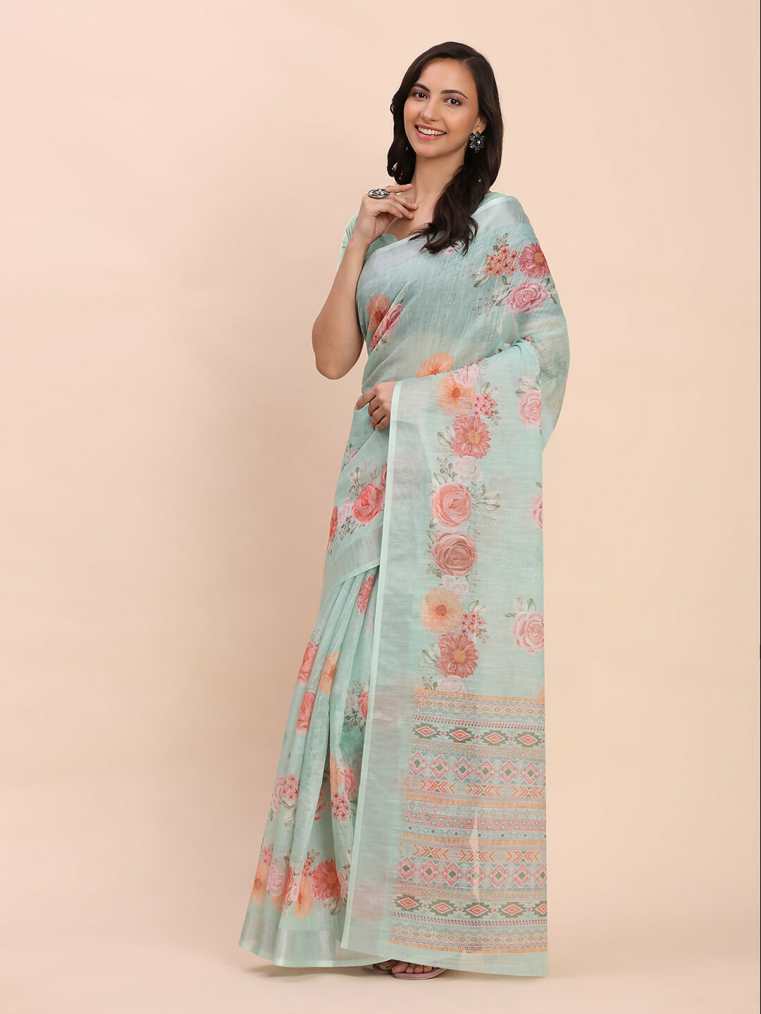 Shree Shyam Fashion Linen Cotton Sea Green Saree - Distacart