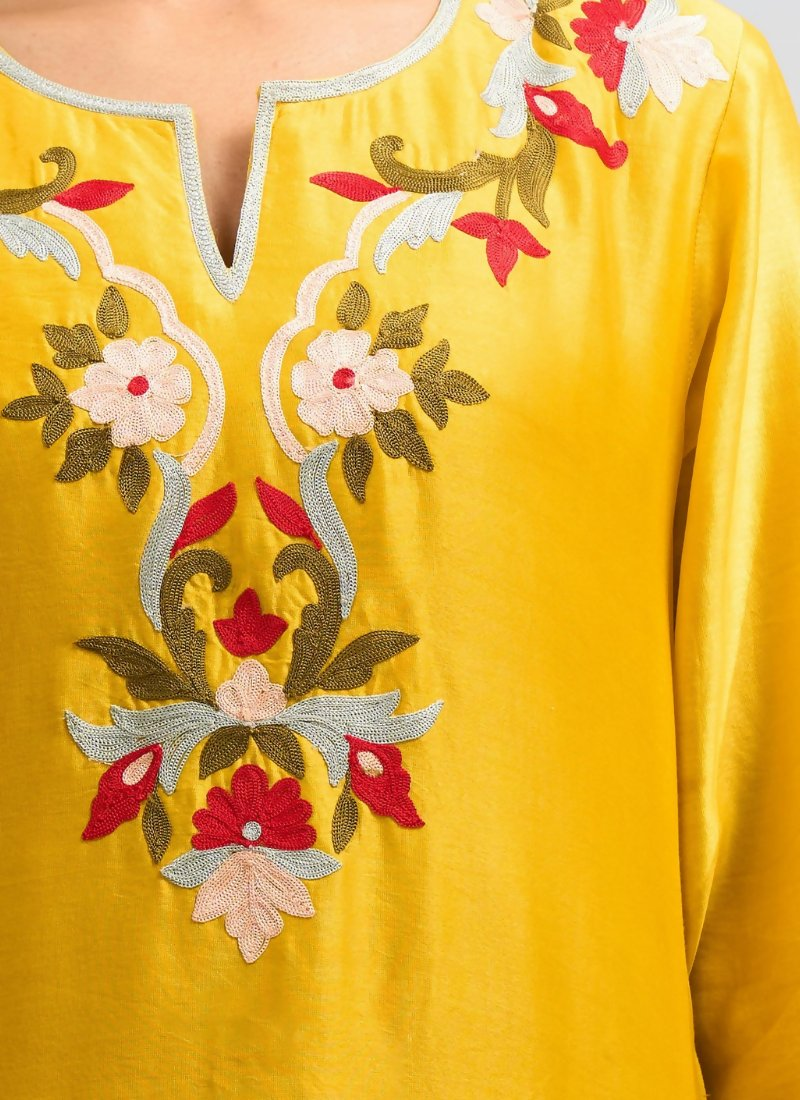 Joban Fashion Yellow Silk Embroidered Readymade Long Kurta With Pant - Distacart