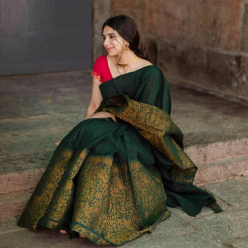 DEIANA'S Beautiful Designer Golden zari Soft Lichi Silk Saree - Green
