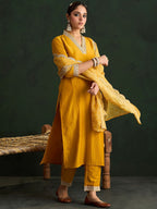 Indo Era Mustard Yellow Floral Embroidered V-Neck Straight Kurta with Trousers & Dupatta - Distacart