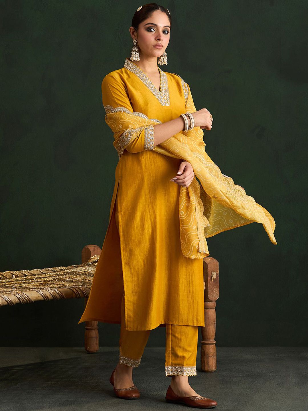 Indo Era Mustard Yellow Floral Embroidered V-Neck Straight Kurta with Trousers & Dupatta - Distacart