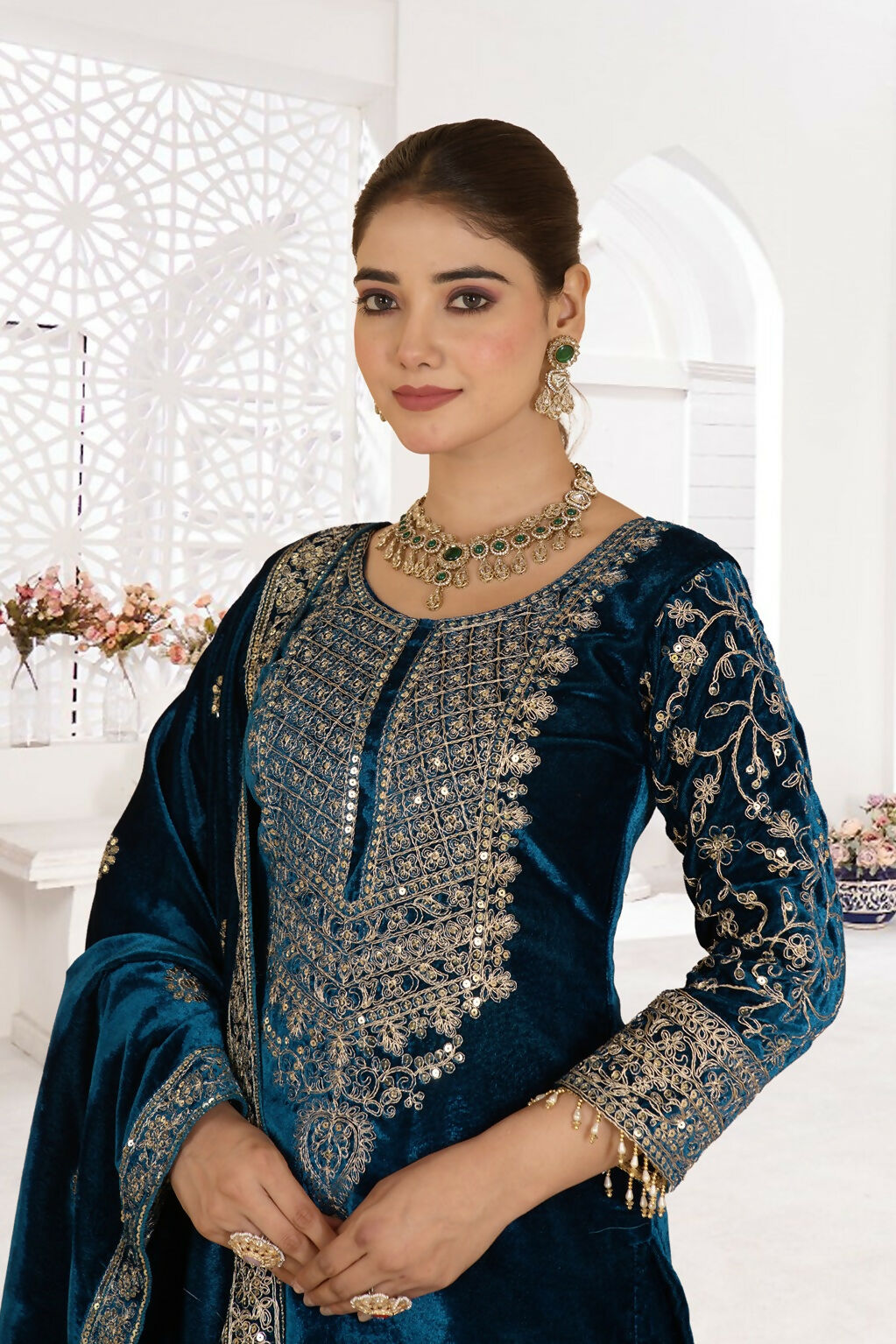 Joban Fashion Blue Velvet Sequence Embroidery Work Kurta Set - Distacart