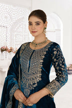 Joban Fashion Blue Velvet Sequence Embroidery Work Kurta Set - Distacart