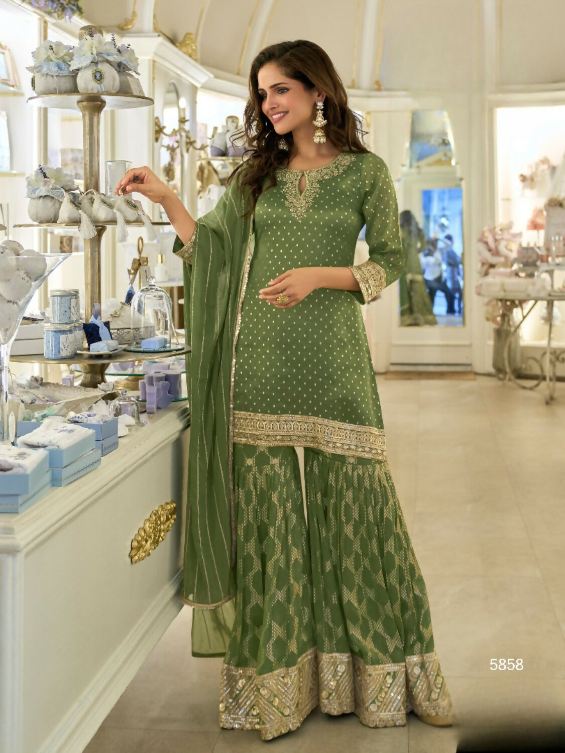 Anaita Mehendi Viscose Silk Readymade Palazzo Suit with Embroidery Work - Distacart