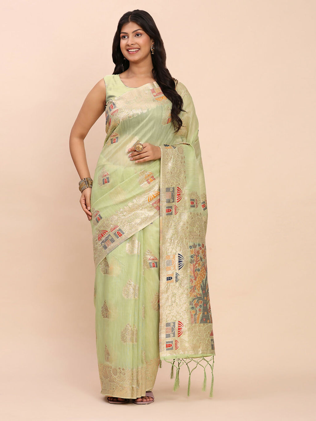 Shree Shyam Fashion Linen Cotton Light Green Saree - Distacart