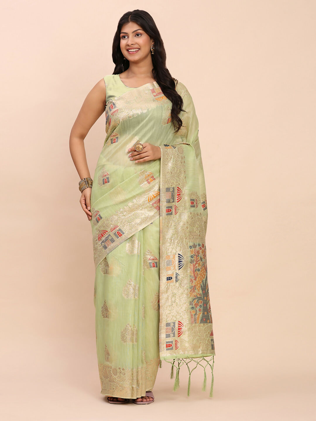 Shree Shyam Fashion Linen Cotton Light Green Saree - Distacart