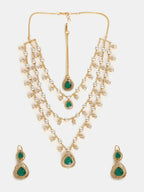 Ruby Raang 22k Gold Polished Layered Kundan And Emerald Necklace With Earrings And Maang Tikka