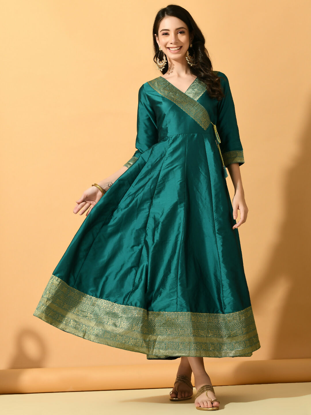 Myshka Women's Green Silk Festive Anarkali Kurta