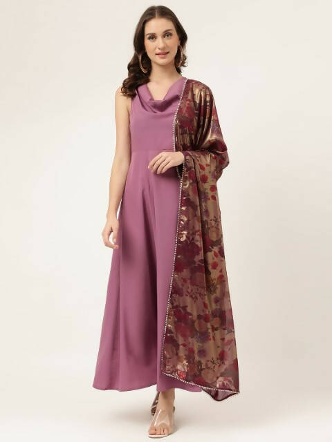 FIORRA Women's Lavender Poly Crepe Flared Kurta With Dupatta