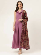 FIORRA Women's Lavender Poly Crepe Flared Kurta With Dupatta