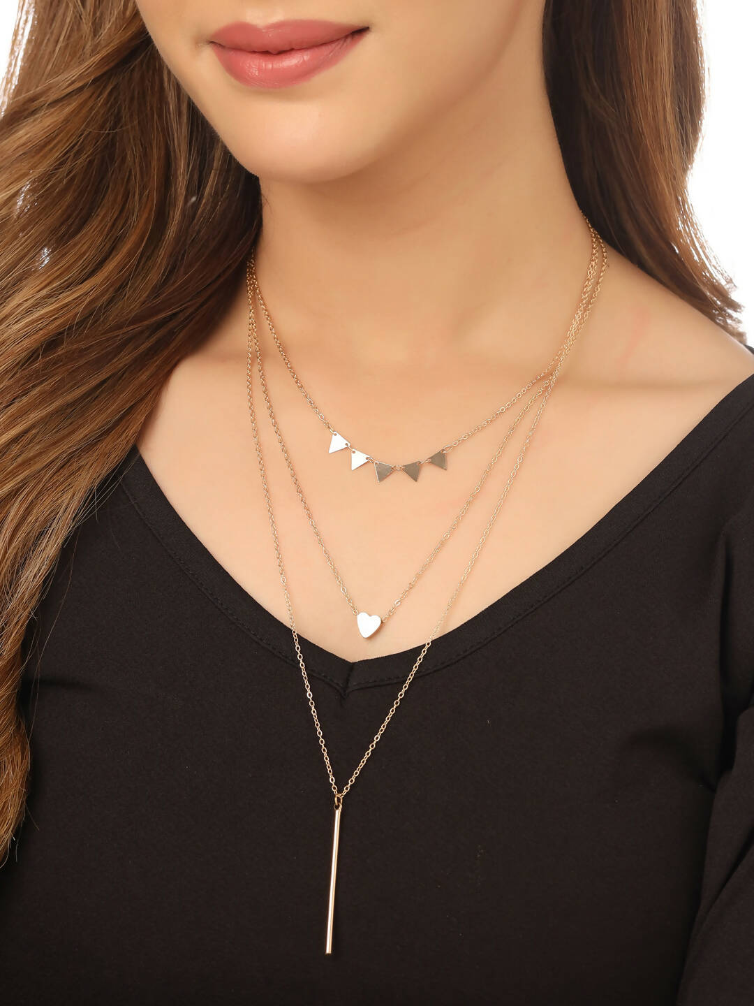 NVR Women's 3 Layered Gold-Polished Minimal Layered Necklace