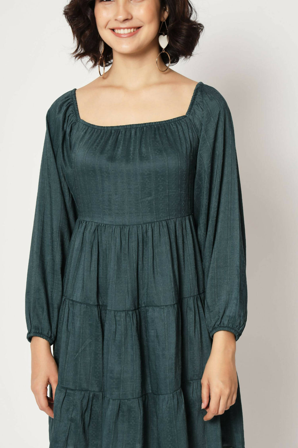 Teal Viscose Solid Design Flared Dress - Shivani - Distacart