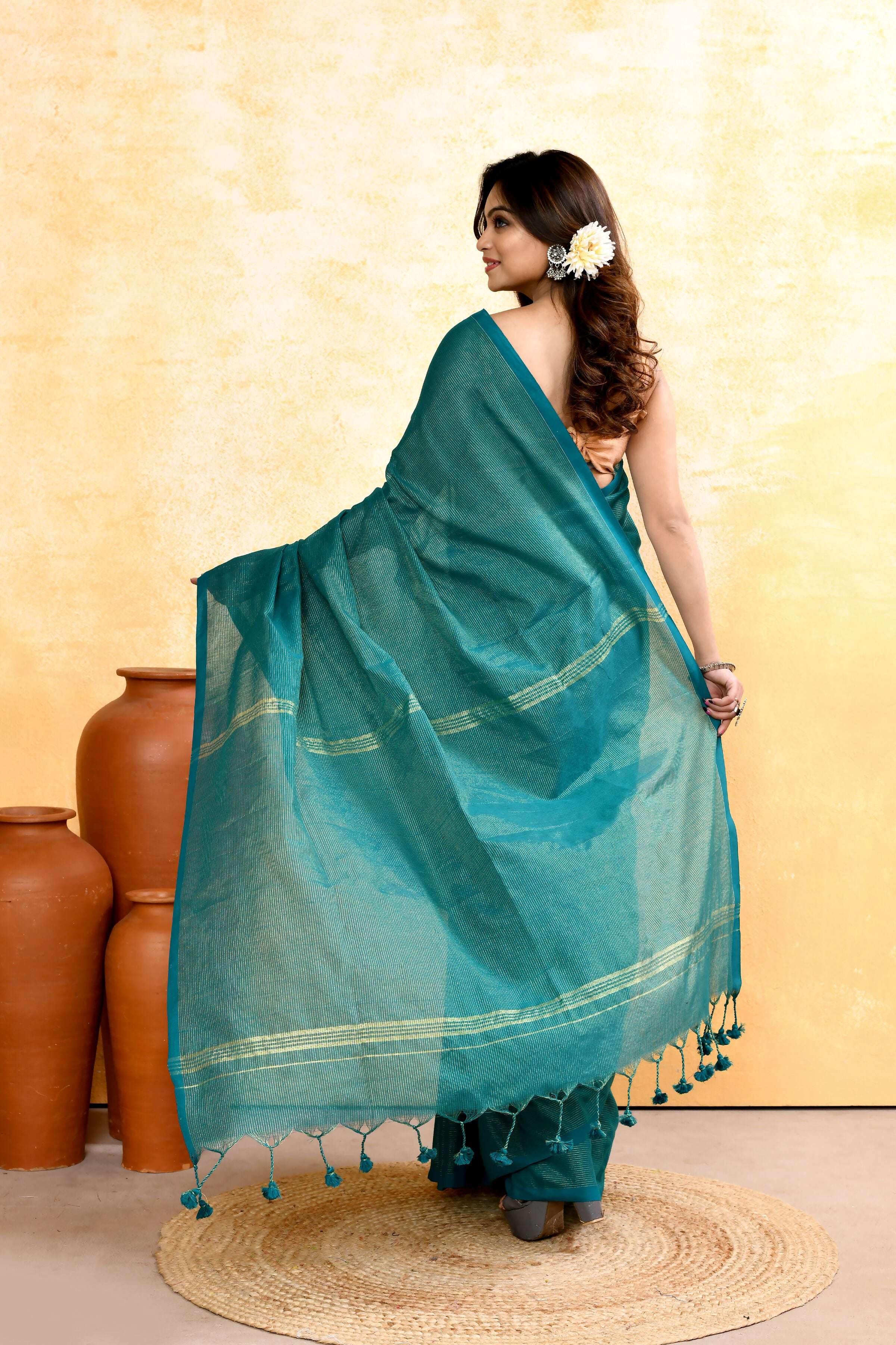 Piyari Fashion Women's Teal Embellished Cotton Blend Zari Check Handloom Saree - Distacart