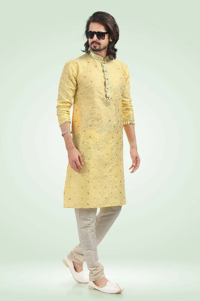 Raivat Ethnic Jacquard Banarasi Silk Pintux Work Kurta Pajama In Yellow Colour
