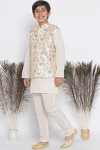 Little Bansi Banarsi Silk Pink Blue Floral Embroidery Jacket with Cotton Kantha kurta and Kantha Pyjama - Cream