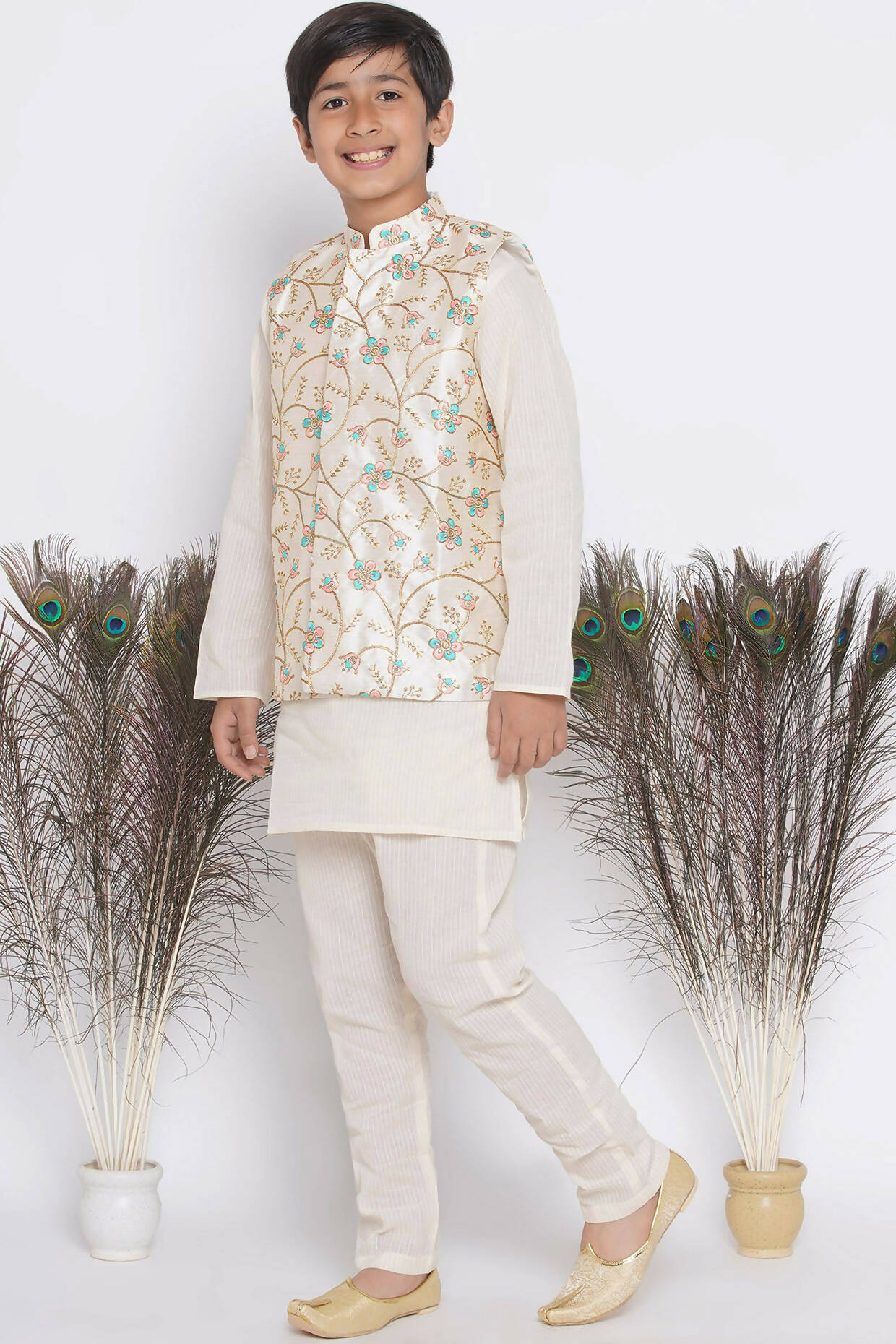 Little Bansi Banarsi Silk Pink Blue Floral Embroidery Jacket with Cotton Kantha kurta and Kantha Pyjama - Cream