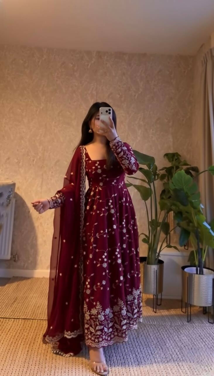 Teeya Creation Maroon Color Faux Georgette Long Party Wear Gown - Distacart