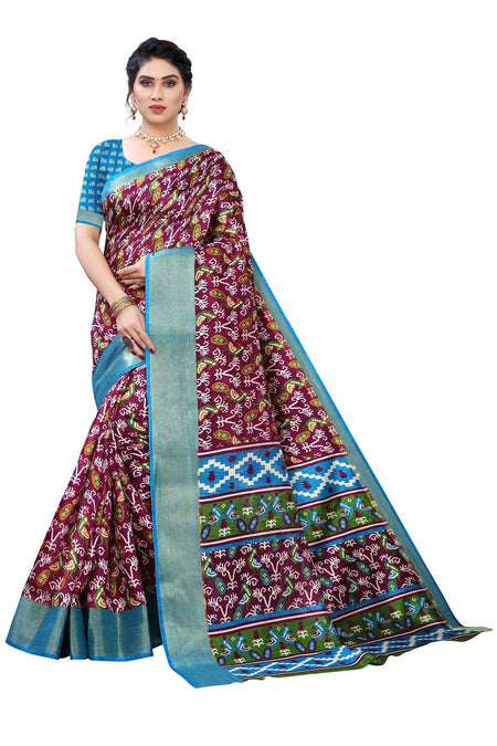 Vamika Purple and Blue Linen Jari Border Saree Online At Low Price