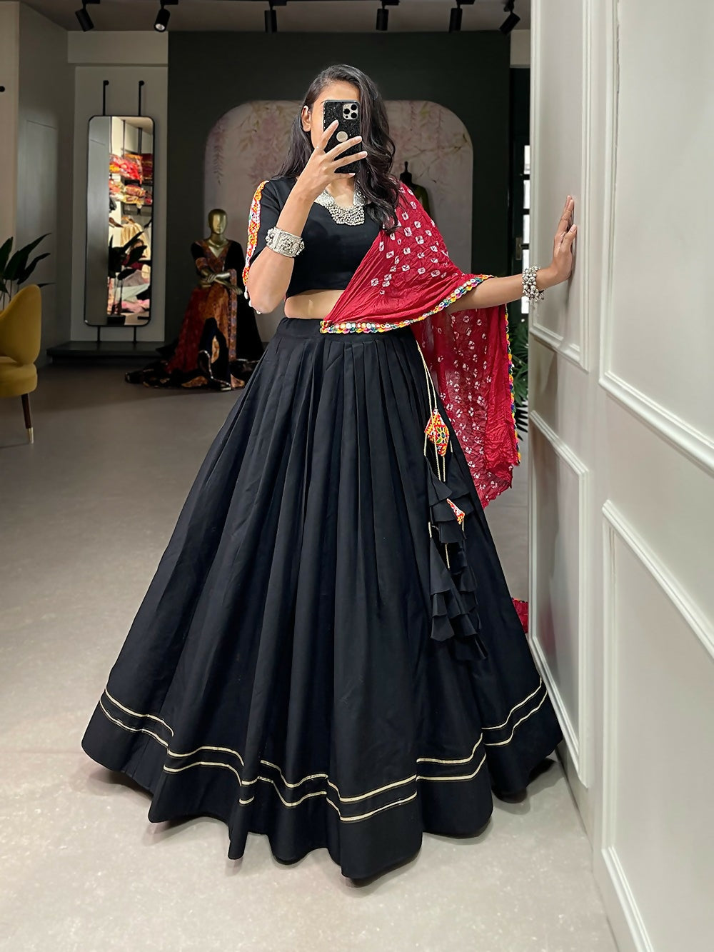 Vastranavya Navaratri Special Pure Cotton Plain With Gotta Patti Touch Up Lehenga Stitched Choli - Black