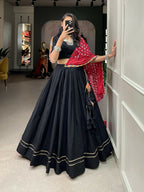 Vastranavya Navaratri Special Pure Cotton Plain With Gotta Patti Touch Up Lehenga Stitched Choli - Black