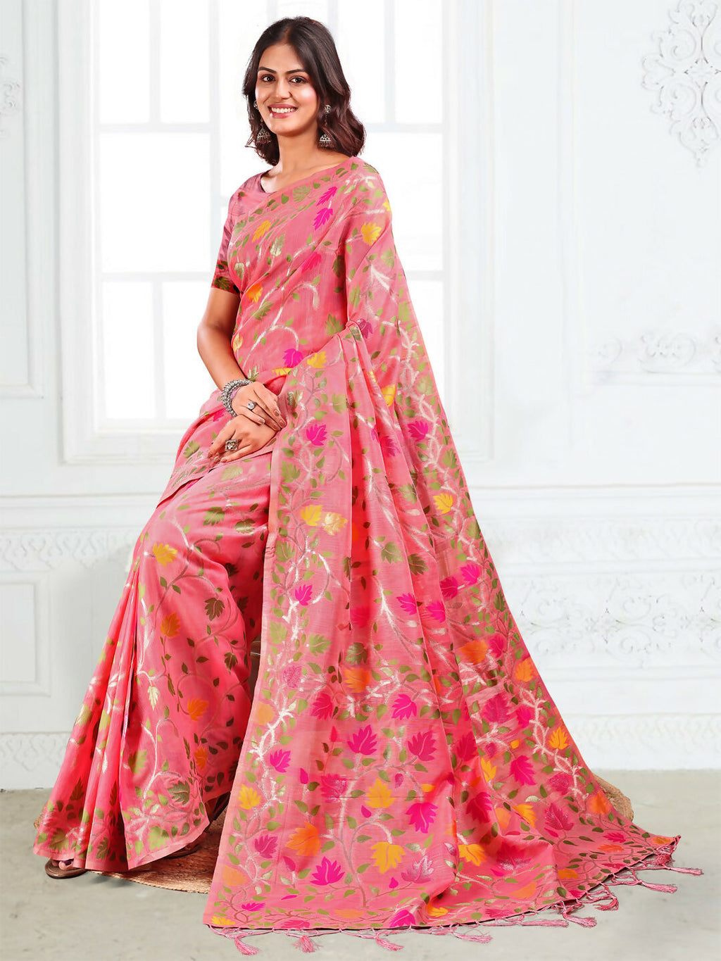 Shree Shyam Fashion Linen Cotton Pink Saree - Distacart