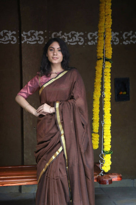 Very Much Indian Pure Cotton Handloom Saree With Intricate Borders - Brown