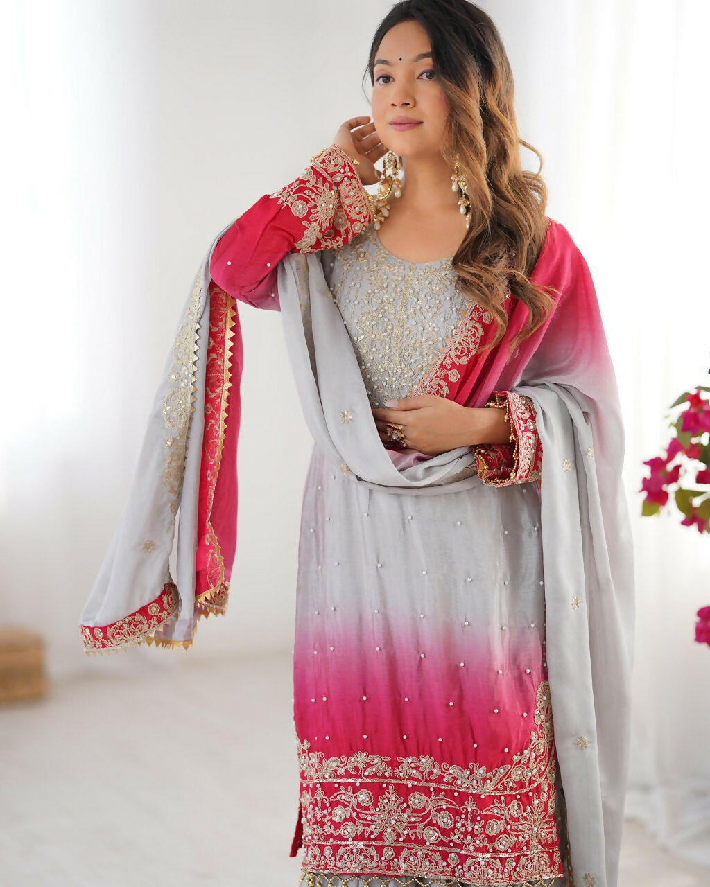 The52 Women's Beautiful Chinon silk Fabric Embroidery Work Straight Kurta Palazzo and Dupatta Set - Distacart