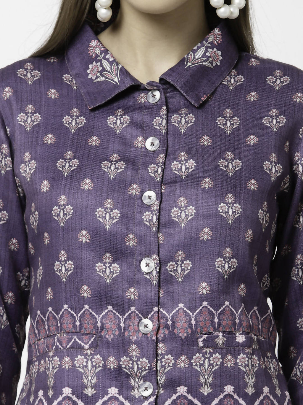 Myshka Women Purple Cotton Blend Printed Full Sleeve Shirt Collar Casual Jacket