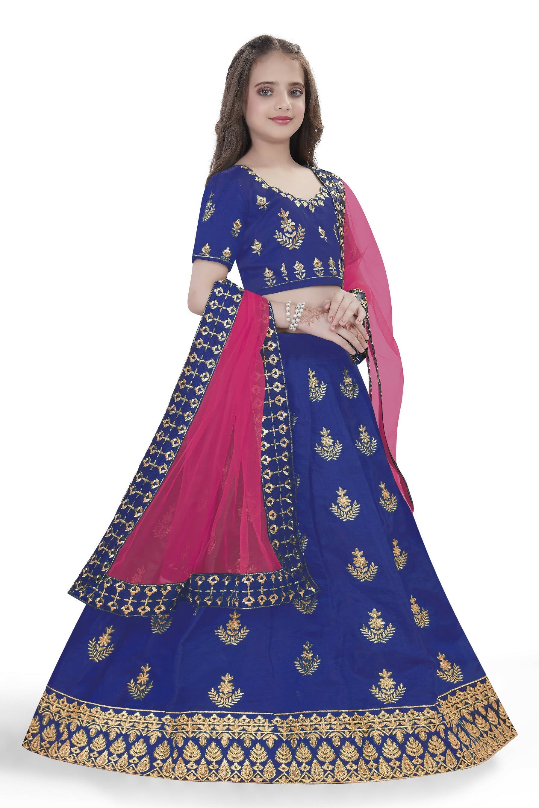 Dwiden Royal Blue Kamal Tafetta Sattin Semi-Stitched Girl's Lehenga Choli
