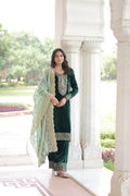 Vastranavya Green Velvet With Rich Sequins & Zari Embroidered Work Top-Bottom With Dupatta - Distacart