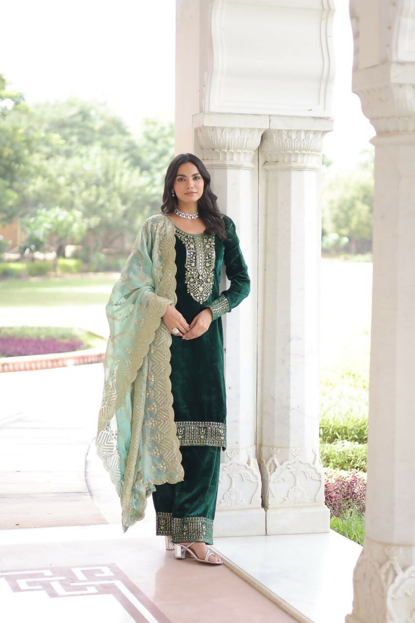 Vastranavya Green Velvet With Rich Sequins & Zari Embroidered Work Top-Bottom With Dupatta - Distacart