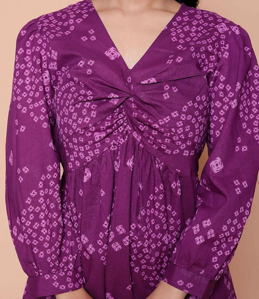 Miravan Womens Purple Bandhani Printed Butterfly Style Top