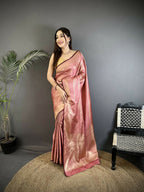 Joban Fashion Dusty Pink Floral Motifs & Ethnic Design Soft Satin Silk Kanchipuram Saree - Distacart