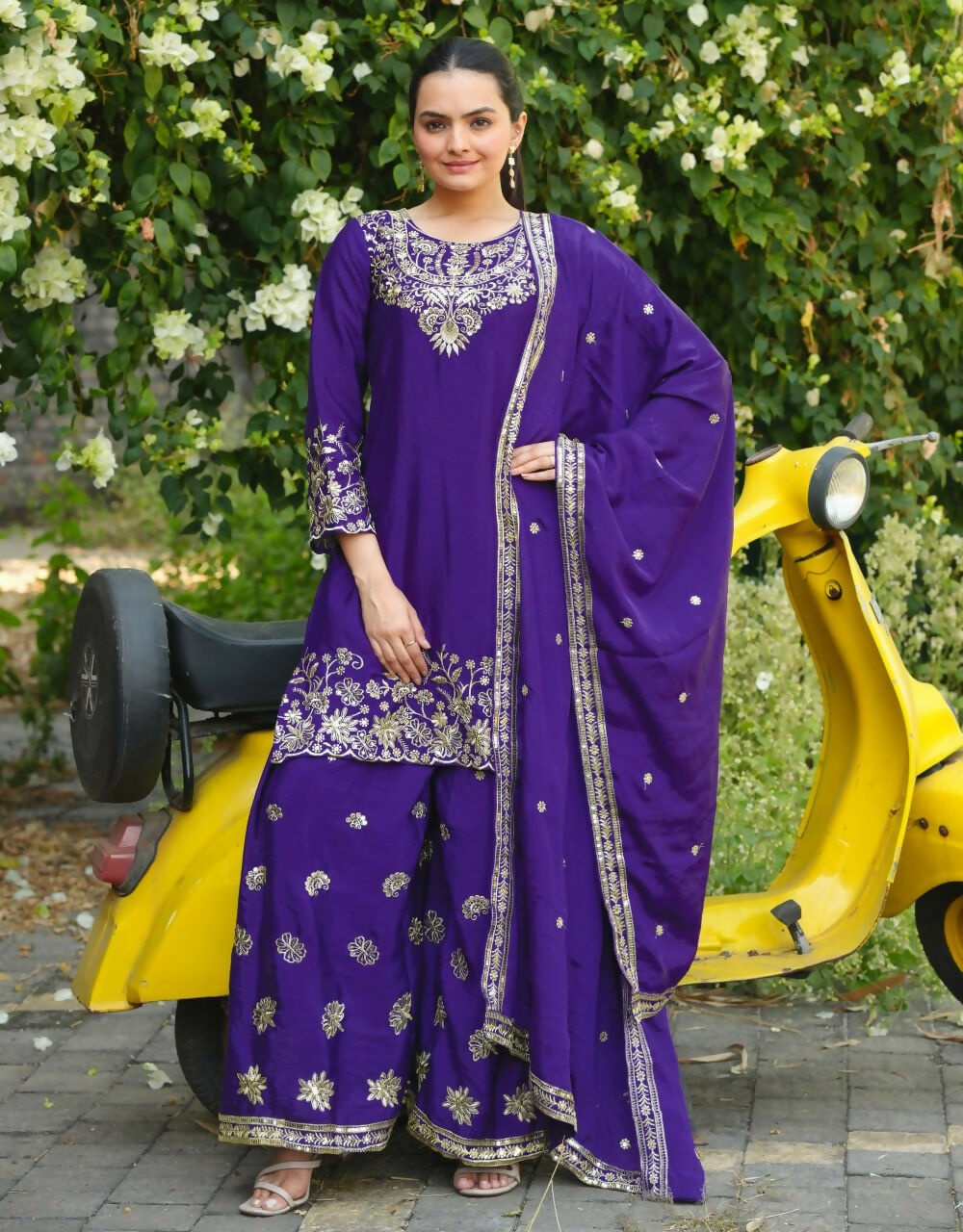 Teeya Creation Purple Color Chinon Silk Wedding Wear Trending Palazzo Set - Distacart
