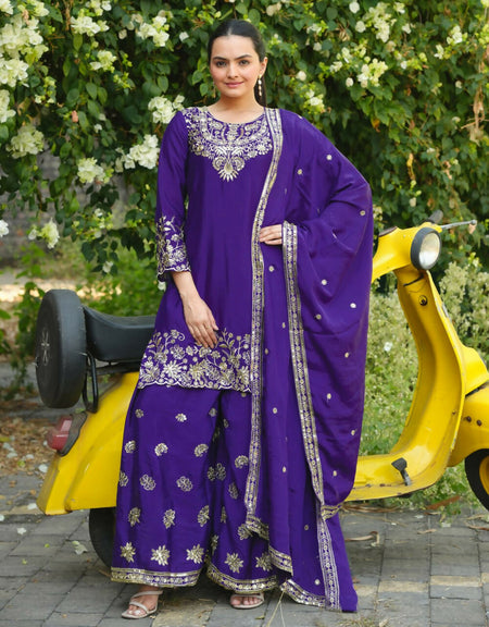 Teeya Creation Purple Color Chinon Silk Wedding Wear Trending Palazzo Set