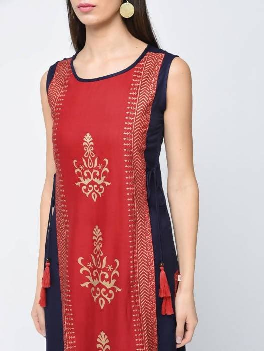 Aniyah Rayon Block Printed Layered Kurta In Red (AN-120K)