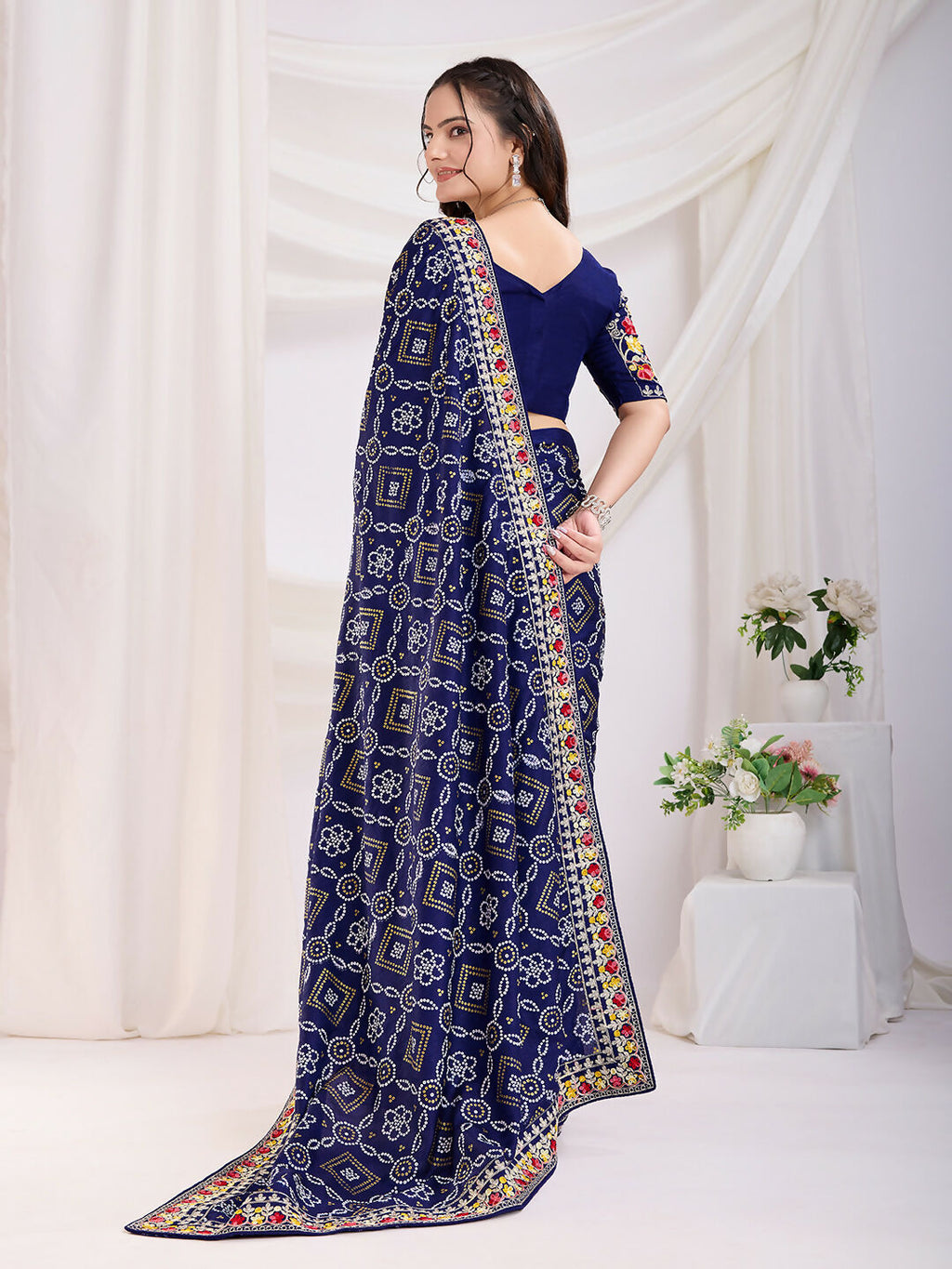 Blue Vichitra Silk Bandhani Printed, Embroidery Work Saree - Ditya