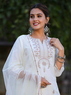 Juniper Women's Off-White Chinnon Embroidered Kurta Pant Dupatta Set - Distacart