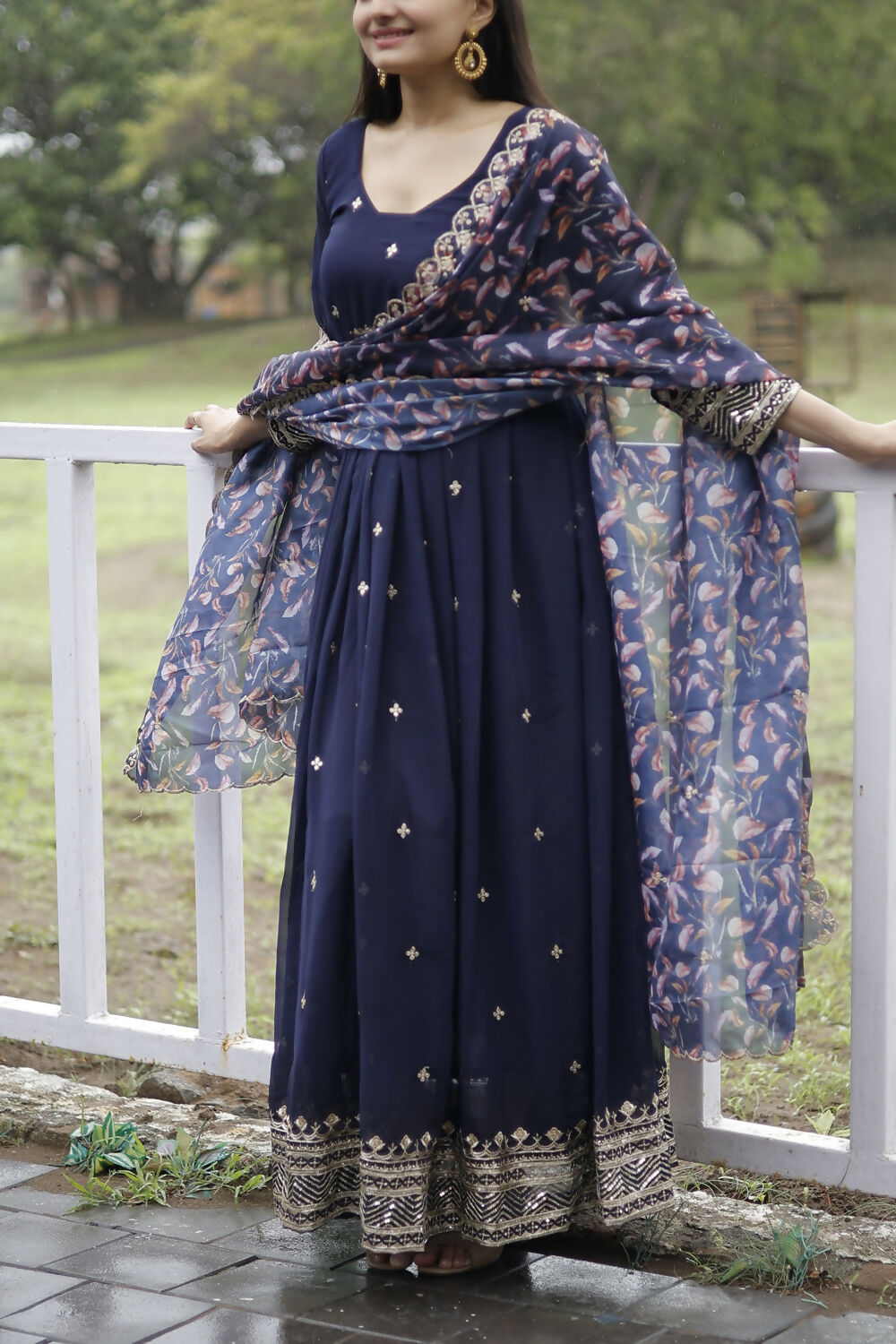 Aayaa Designer Embroidery Zari Sequins-Work Faux Blooming Georgette Suit - Navy Blue - Distacart