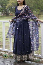 Aayaa Designer Embroidery Zari Sequins-Work Faux Blooming Georgette Suit - Navy Blue - Distacart