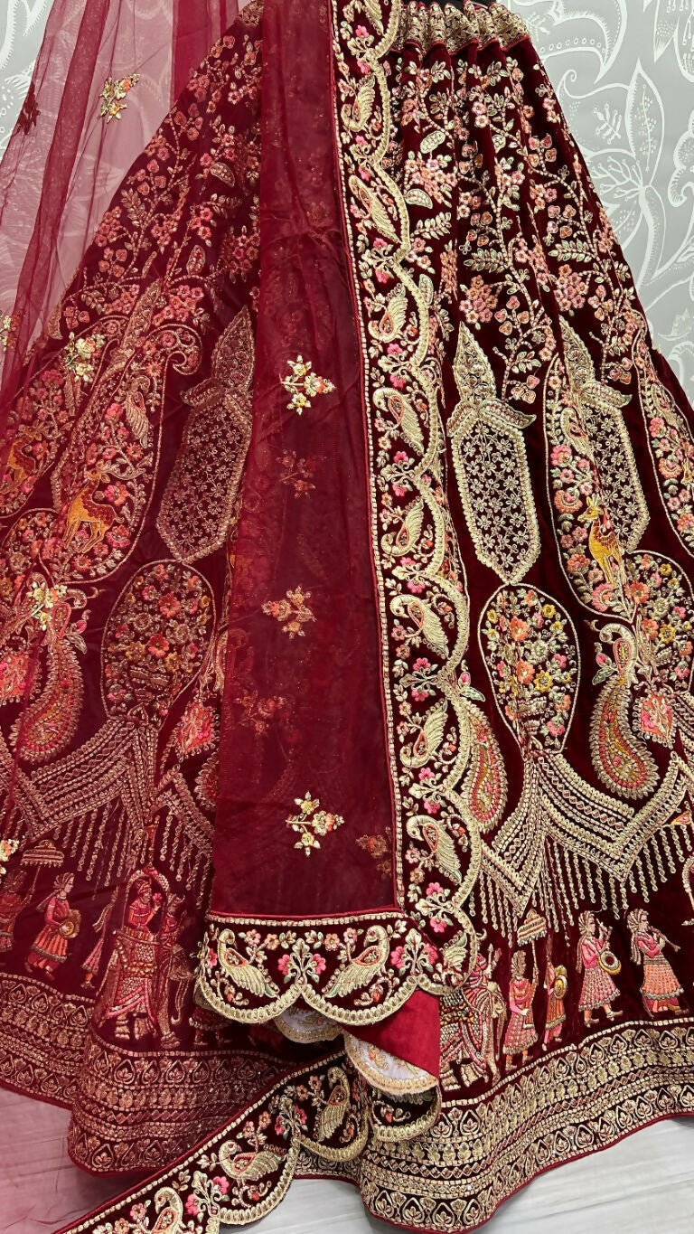 Jyoti Fashion Women's Maroon Velvet Multi Thread Embroidered with Zircon Diamond Work Wedding Lehenga Choli